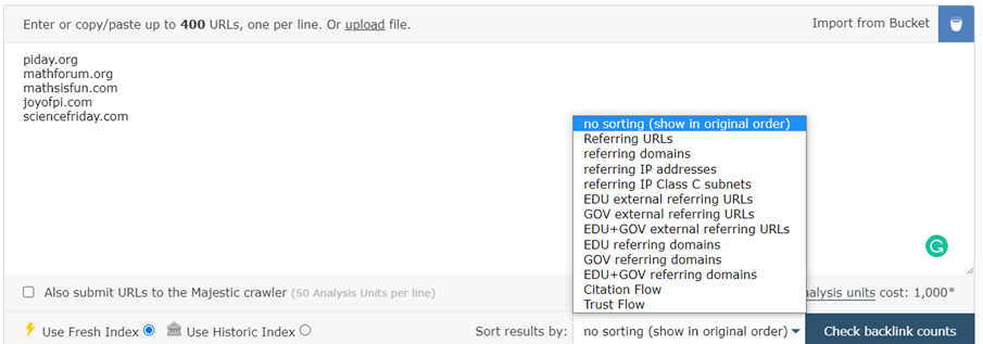 Applying a sort on the Bulk Backlink Checker form