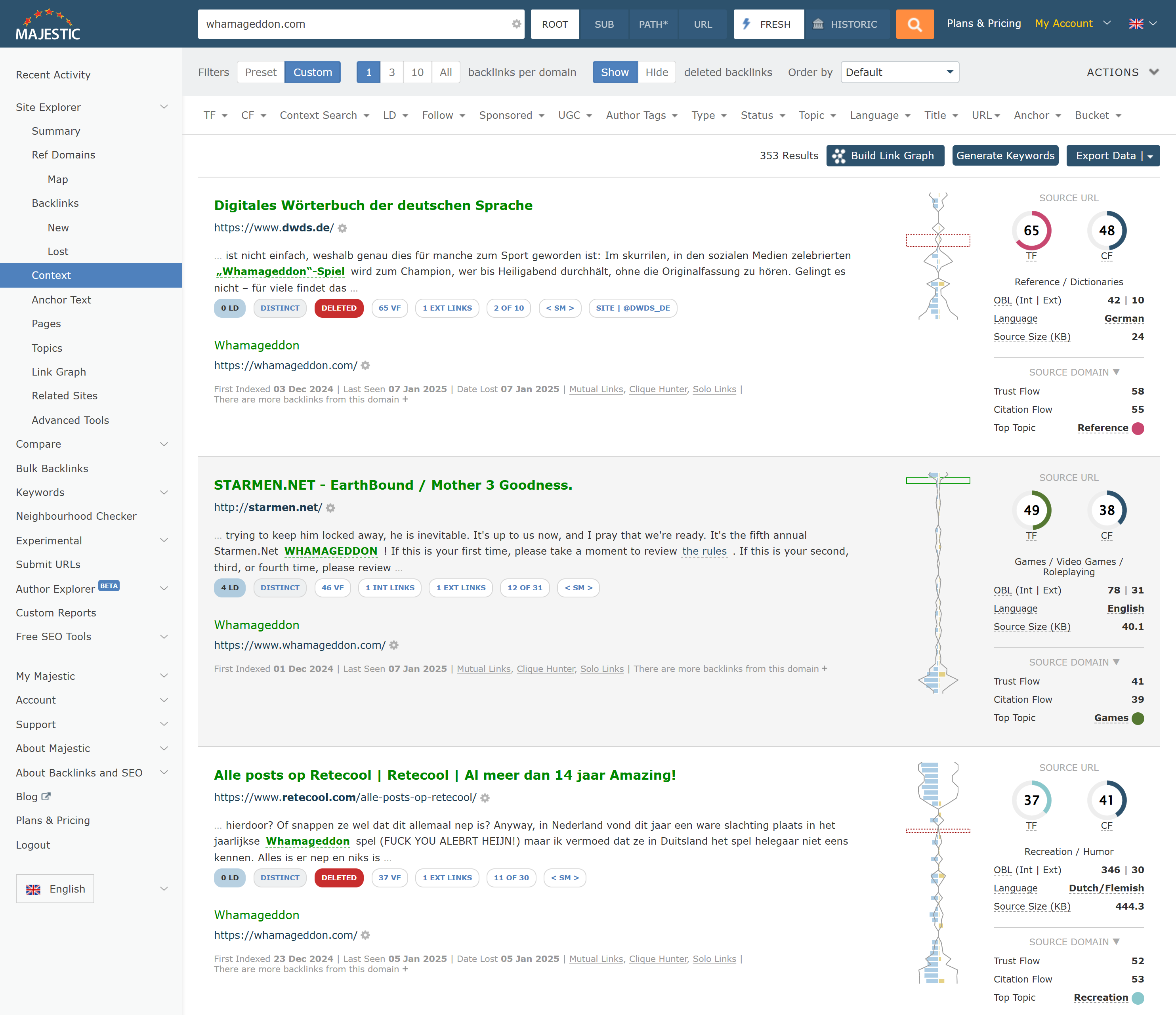 Screenshot of the Link Context Backlink Checker in Site Explorer - Majestic.com