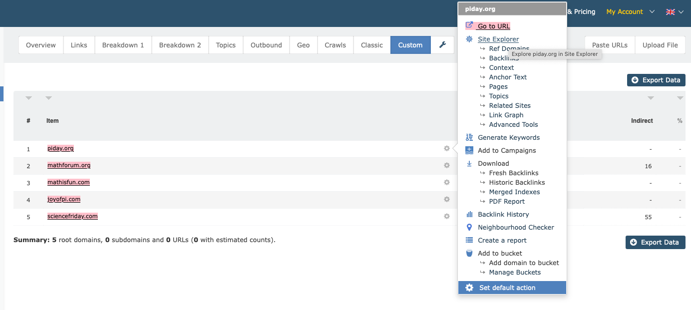Cog menu for piday.org on Bulk Backlink Checker