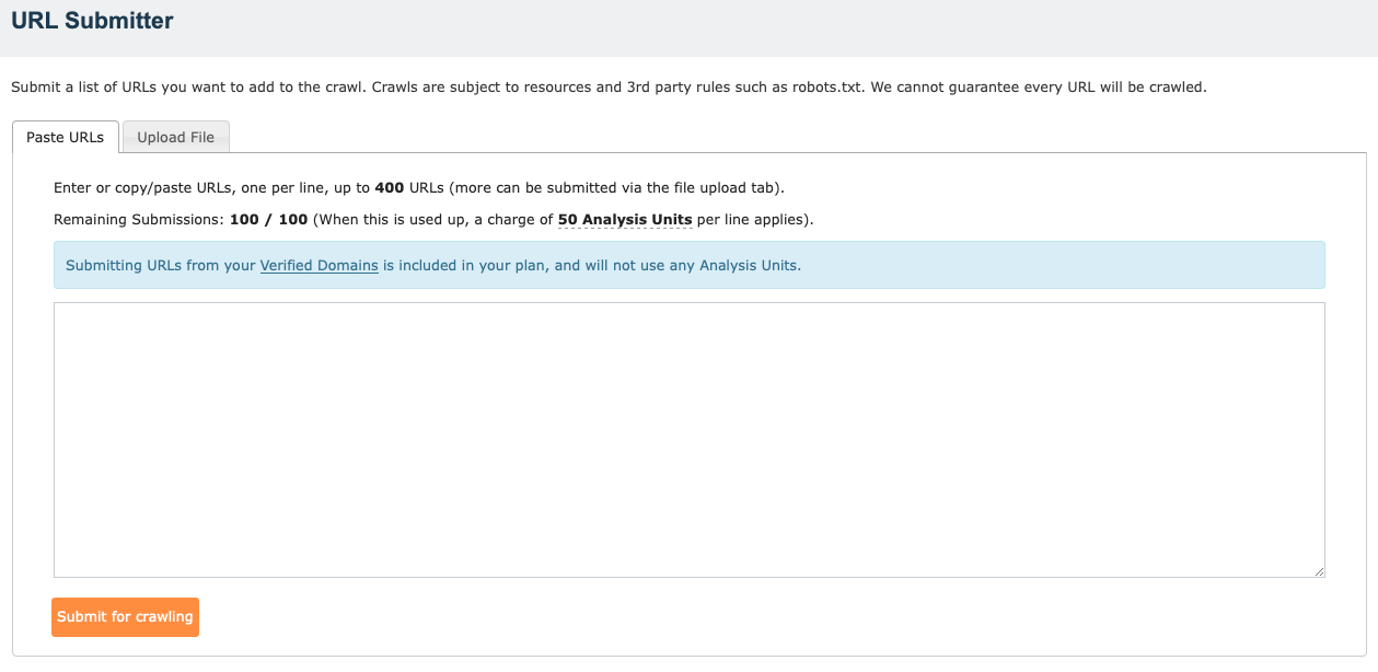 Majestic URL Submitter interface, shows URL submission options and analysis unit allocation for on-request backlink checking