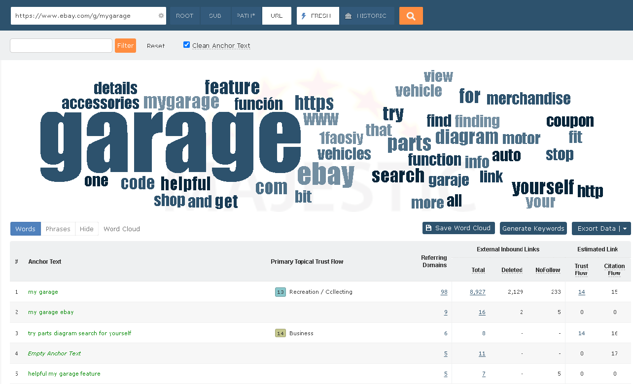 visual presentation of anchor text from backlinks in a word cloud for eBay.com URL My Garage